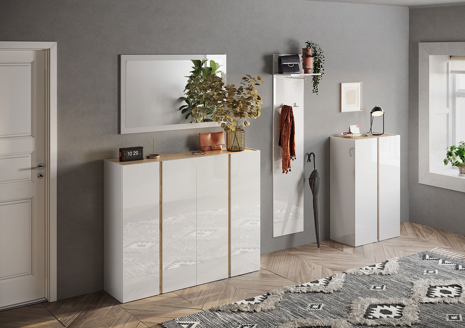 Mobile Multiuso 2 Ante con 5 Ripiani 70x35x111 cm Frame Bianco Lucido e Cadiz