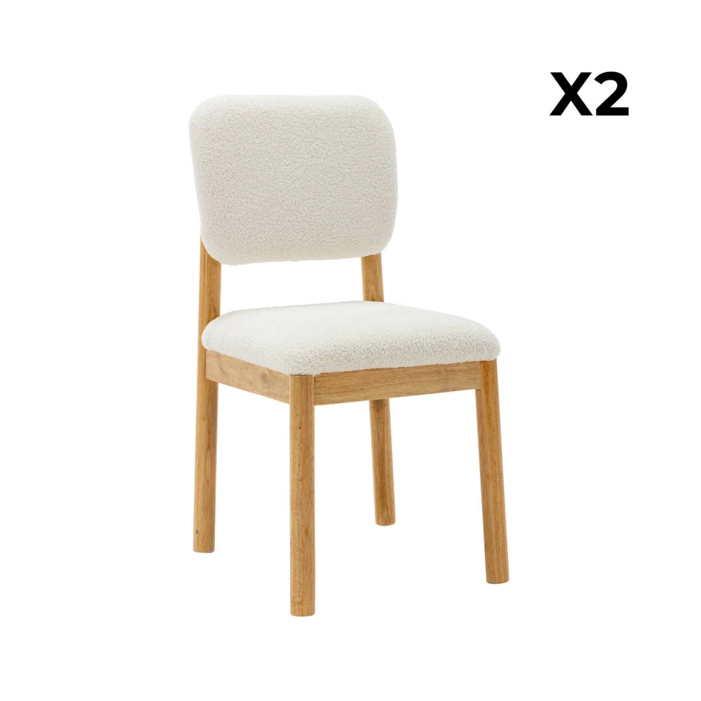 Set di 2 sedie imbottite in legno di hevea e bouclé, bianco