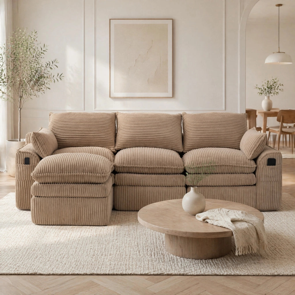 DIVANO modulare 3 posti 263x167x85 cm in corduroy khaki con pouf