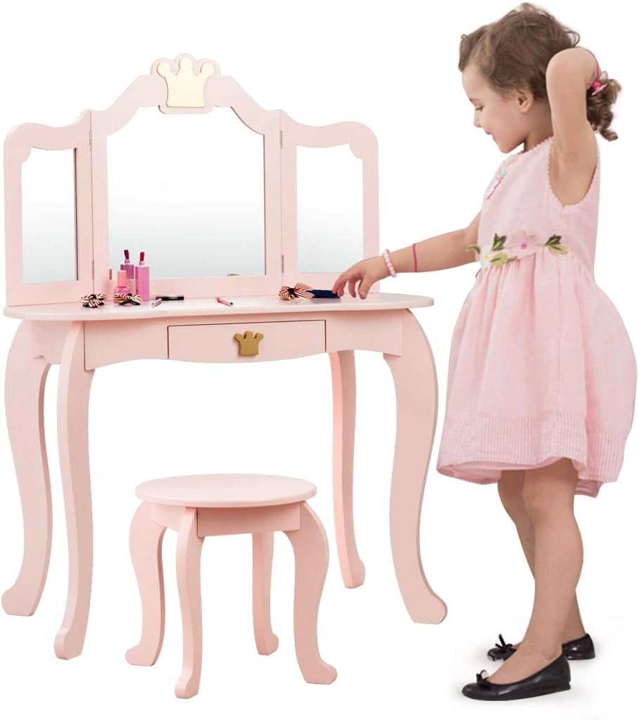 Toeletta da Trucco per Bambini, 2 in 1 Giocattolo da Trucco, Tavolo e Sgabello, con Cassetto, Specchio Rimovibile, Design Principessa, Consigliata per Ragazze 3-7 Anni, Rosa/Bianco