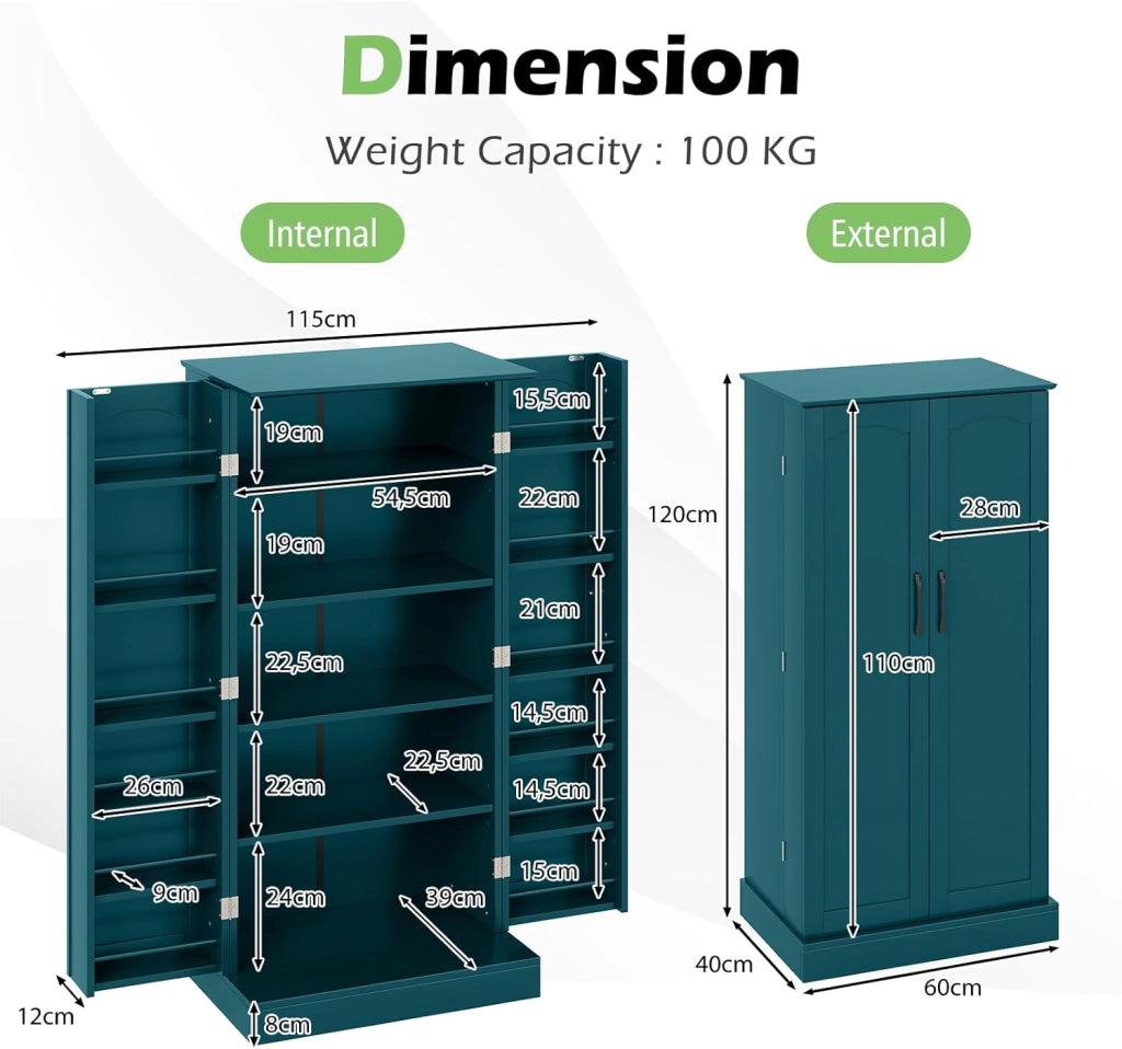 Credenza da cucina con 2 ante armadio da cucina moderno con 16 ripiani regolabili, dispositivo antiribaltamento, per sala da pranzo, soggiorno, 60 x 40 x 120 cm (verde scuro)