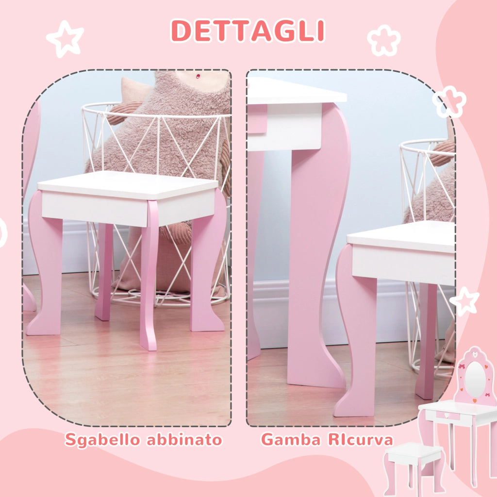 Set Tavolo Trucco con Sgabello, Specchio e Cassetto per Bambini ¨C Zephmum ¨C Bianco e Rosa, MDF
