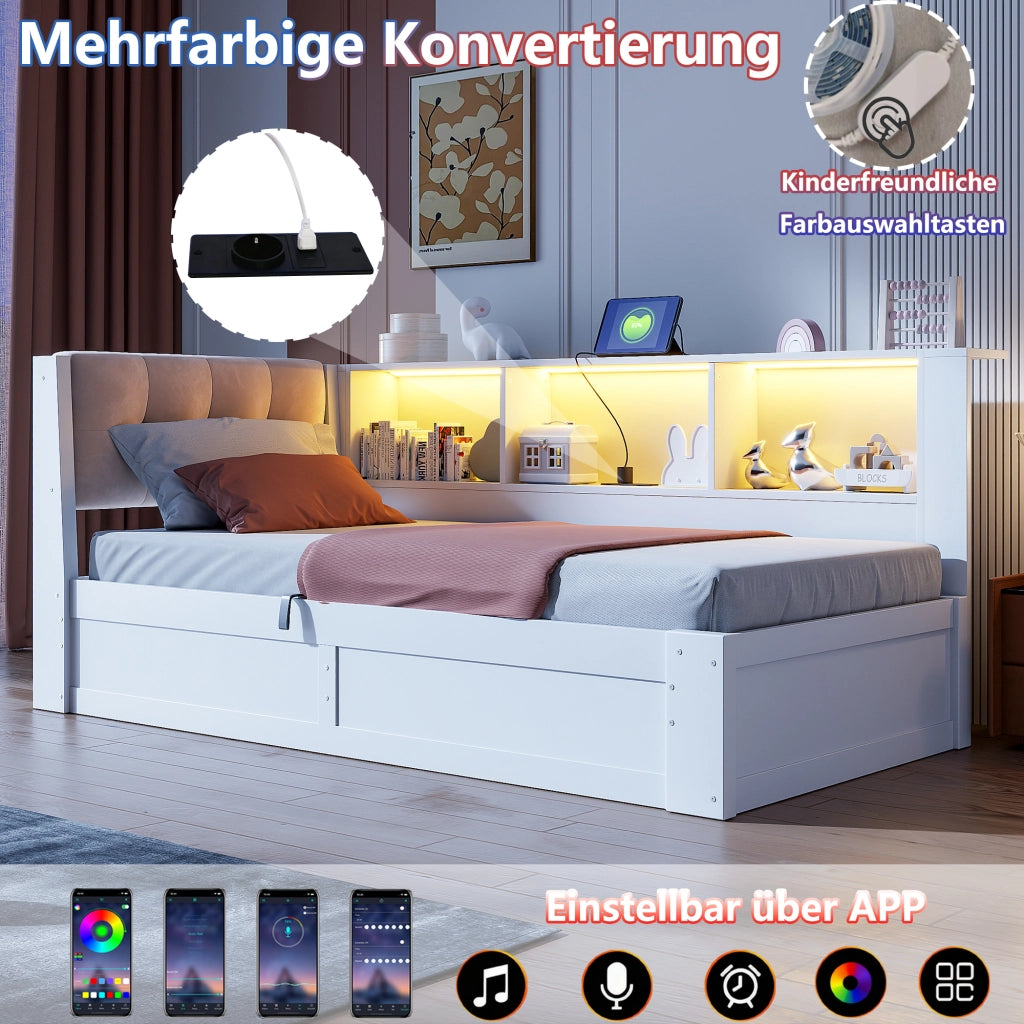 DESMIU Letto Divano 90 × 200 cm 1 posto con contenitore idraulico, USB, mensola e LED, senza materasso, bianco