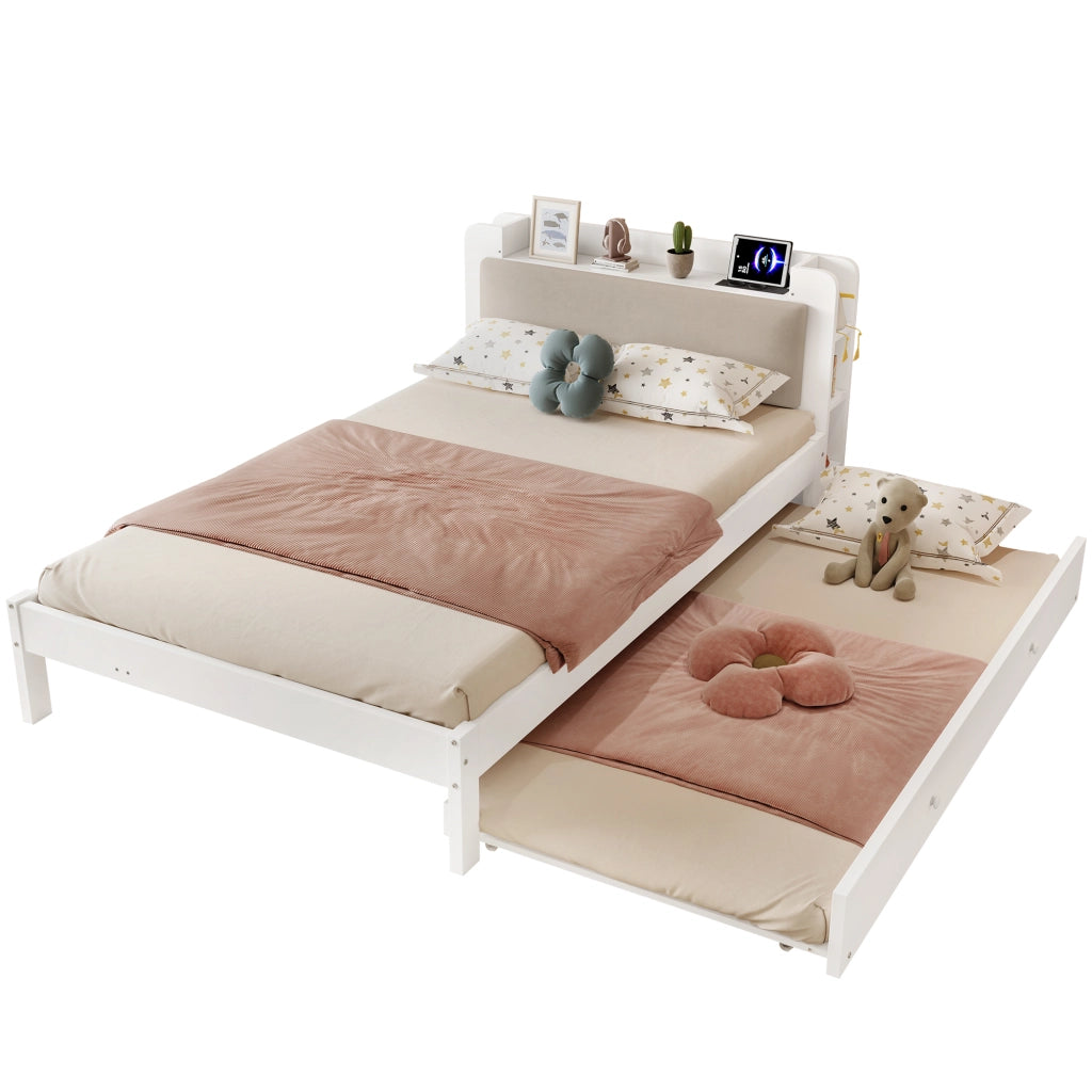 Letto Estraibile 120x200 cm; Letto 2 Posti con Stazione di Ricarica e Mensole - Bianco