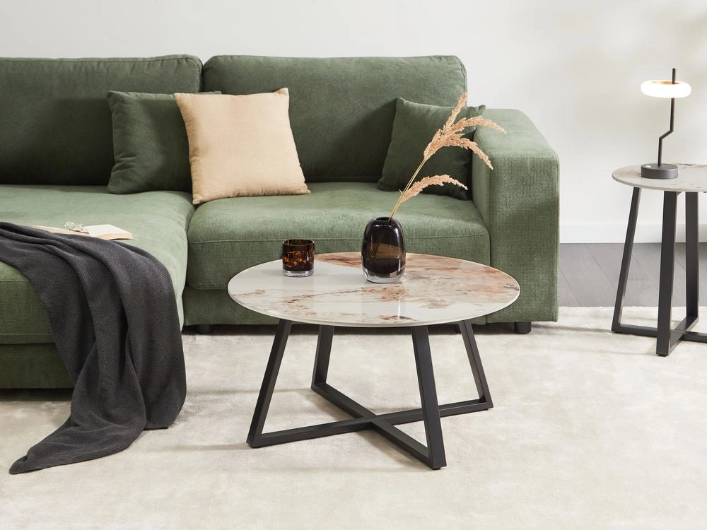 Tavolino da caffè nero con piano in ceramica bianca Struttura in metallo rotondo effetto marmo Design moderno