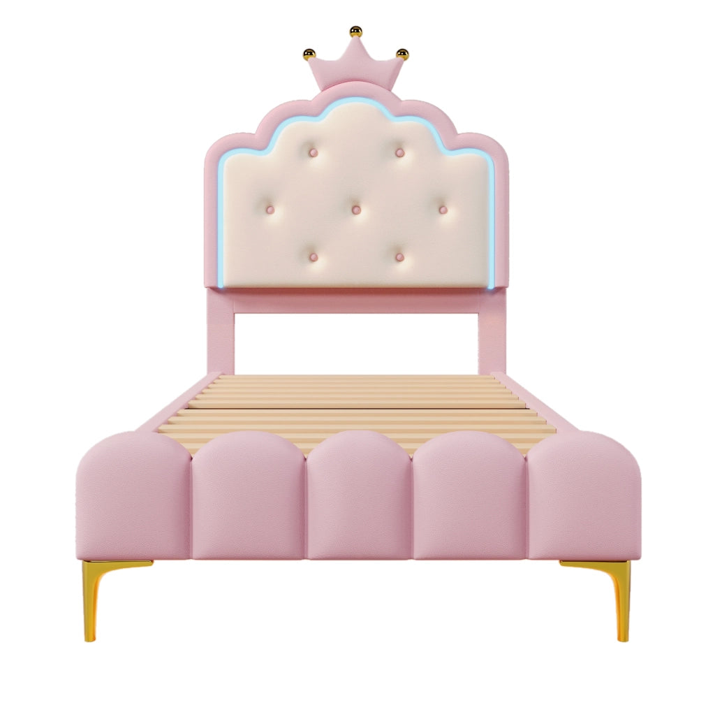 Letto singolo a corona 90x200 cm con luce LED; PU rosa