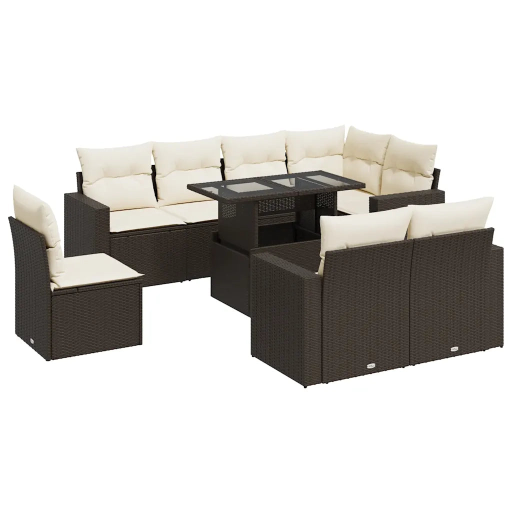 Set Divani da Giardino 9pz con Cuscini Marrone in Polyrattan