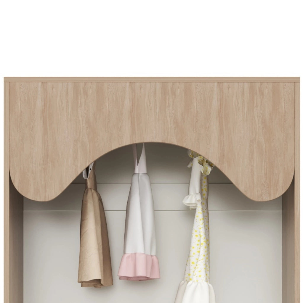 Armadio aperto per bambini con cassetti, bianco e legno