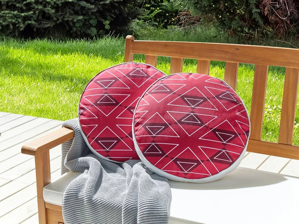 Set di 2 cuscini da giardino in poliestere fucsia con motivo geometrico 40 cm rotondi moderni per esterni resistenti all'acqua.