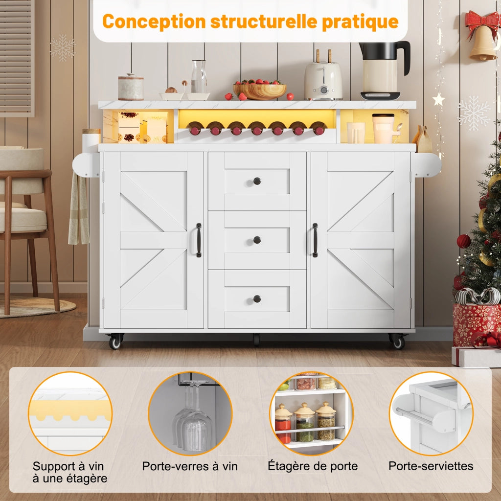 Isola da Cucina con 2 Ante; 3 Cassetti; Piano Pieghevole e LED; in MDF; 138x60x93 cm; Bianco