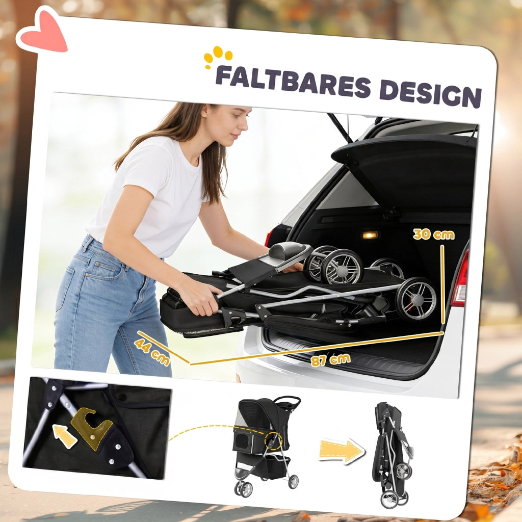 Carrello per Cani Pieghevole con Cestino e Cuscino ¨C zephmum ¨C Nero