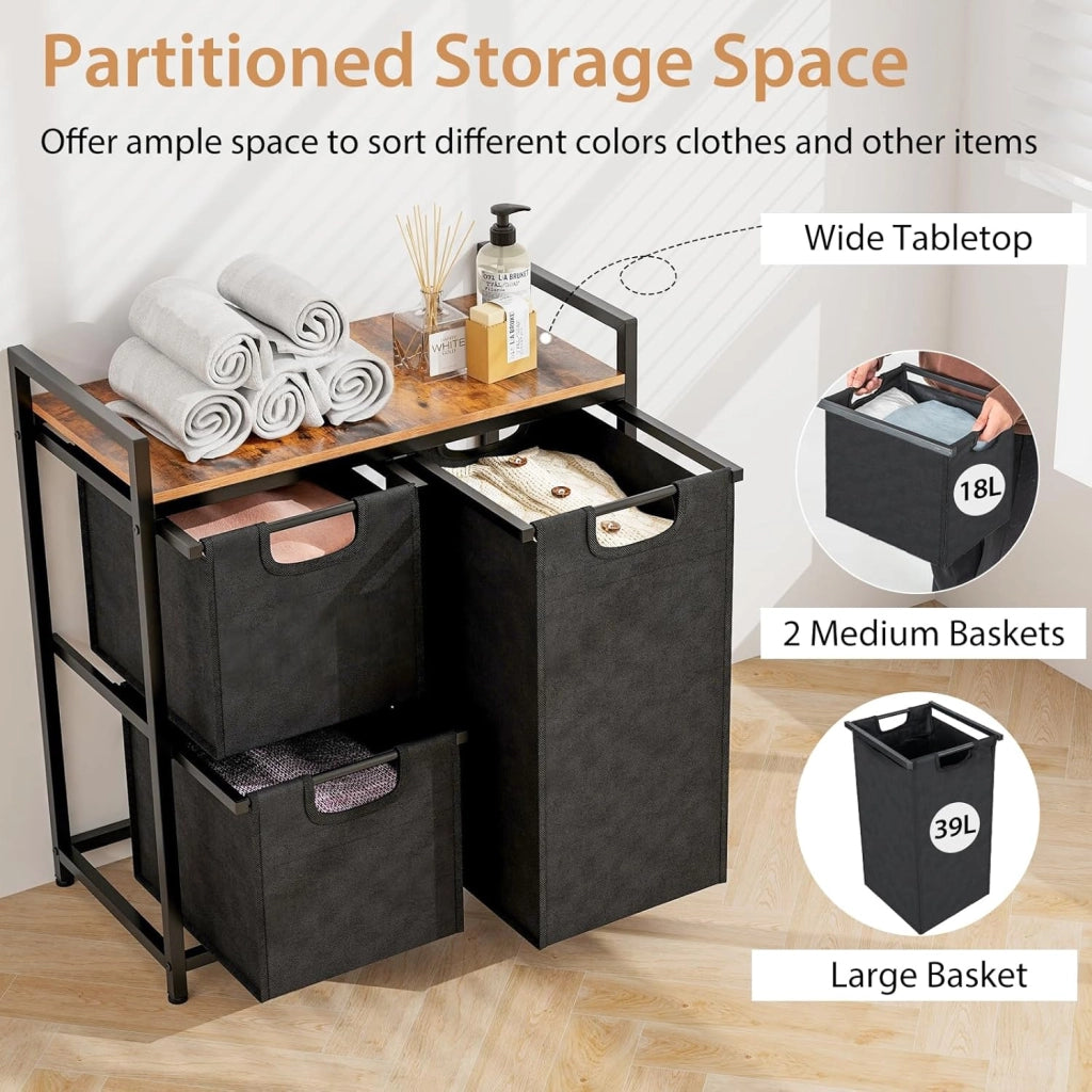 Cesto porta biancheria freestanding, Cestino porta biancheria con 3 sacchi rimovibili, Ampio piano, Mobile salvaspazio per biancheria sporca con 3 ceste per lavanderia, camera, bagno