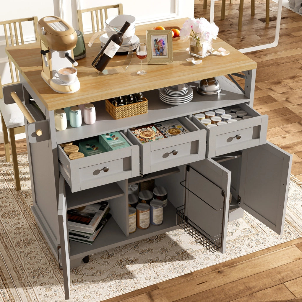 Isola cucina 118x43-80x98 cm con piano pieghevole e ruote in MDF e metallo grigio