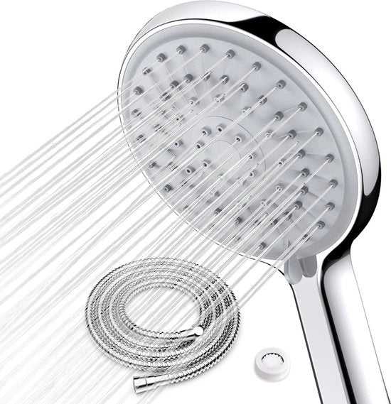 Douchekop per risparmio d'acqua con tubo 2 m e 9,5 l/min regolatore di flusso, 40% di risparmio d'acqua, 120 mm, douchekop con elevazione della pressione, tappo di silicone pulitore, materiale ABS premium.