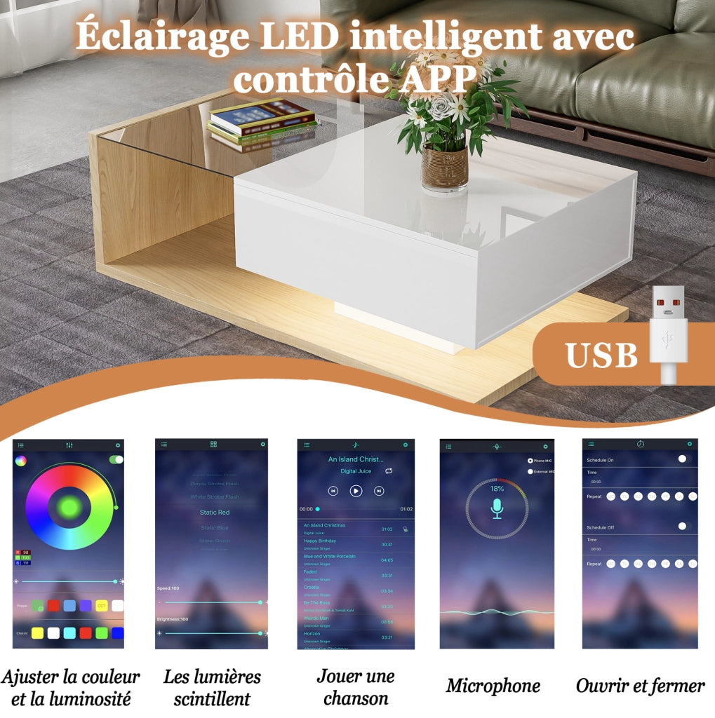 Tavolino da caffè 105 x 55 cm con vano; vetro temperato e LED 16 colori
