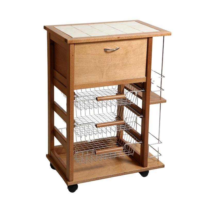 CARRELLO VESUVIO PORTAPANE+PORTABOTTIGLIE ROVERE IN FAGGIO BASE INFERIORE MULTISTRATO DI BETULLA 1 CASSETTO 3 CESTELLI PIANO MATTONELLE IN CERAMICA
