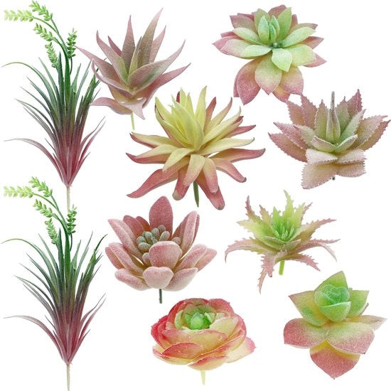 Decora 10 pezzi di piante artificiali, rosa, senza vaso, piante artificiali miste per decorazioni in casa e giardini interni.