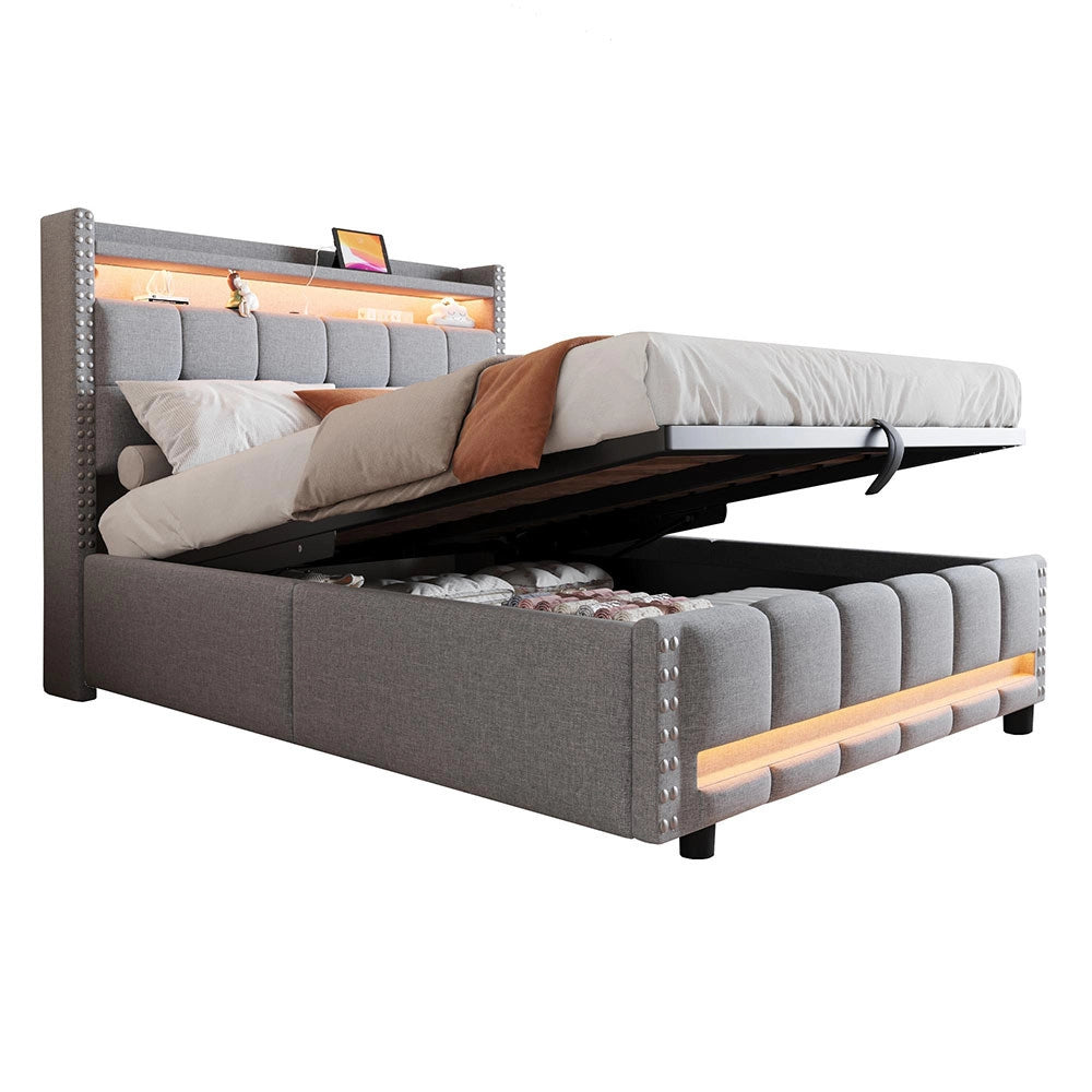Letto matrimoniale-Xylo-140x200 cm-LED, USB, scaffale, idraulico, lino grigio