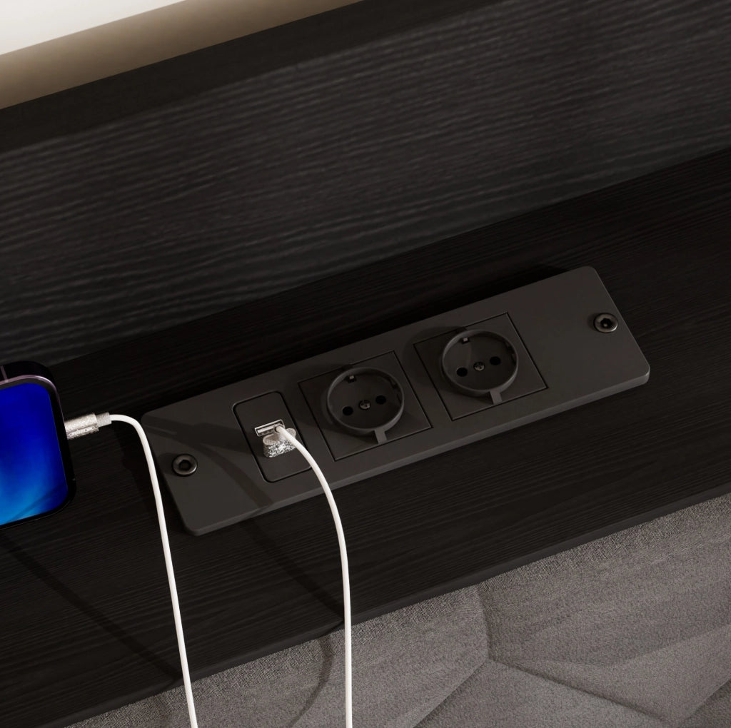 Letto imbottito 140x190 con LED, porta USB e vano sottostante