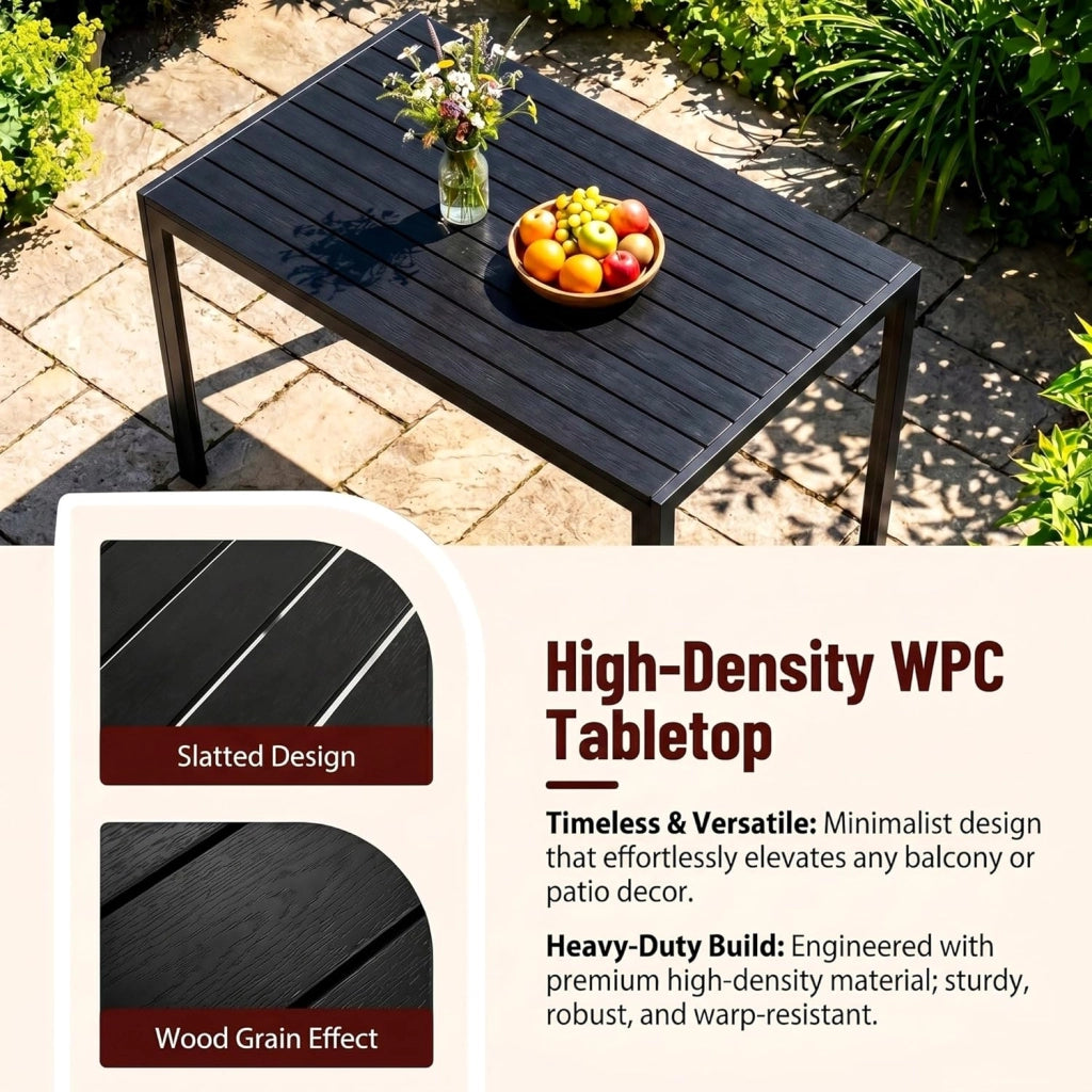 Tavolo da Giardino Moderno in WPC 110 x 70 cm, Tavolo da Pranzo per Esterno per 4-6 Persone, Tavolo da Balcone Salvaspazio in Alluminio, Design Effetto Legno,Nero