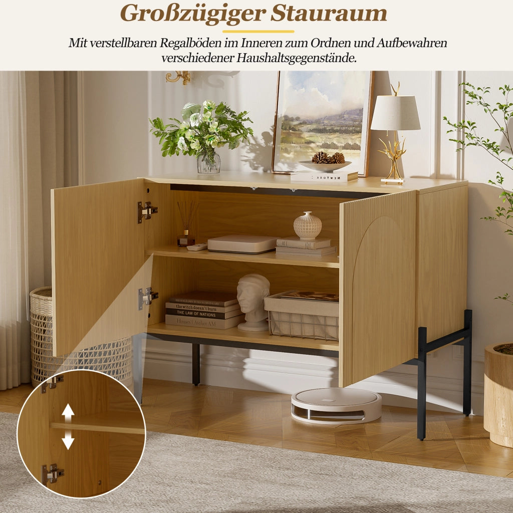 Credenza con 2 ante e gambe in metallo, design ad arco per soggiorno e sala da pranzo, naturale, 100 × 40 × 75 cm
