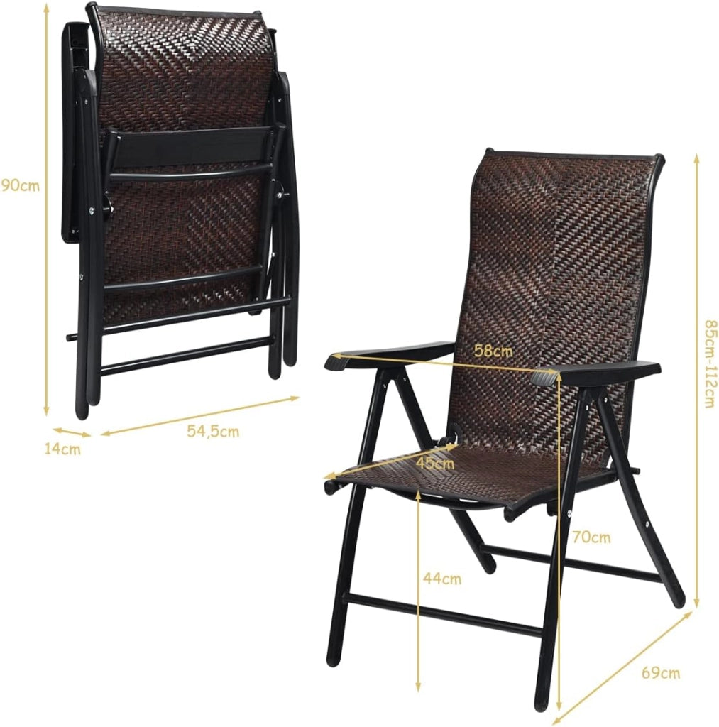 Set di 2 sedie da giardino in rattan con schienale regolabile, sedia pieghevole da giardino, sedia da pranzo, ergonomica, con braccioli, per giardino, balcone