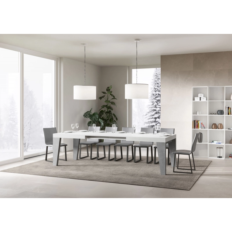 Tavolo allungabile 90x160/420 cm Naxy Mix piano Bianco Frassino - g - Bianco Frassino/Cemento