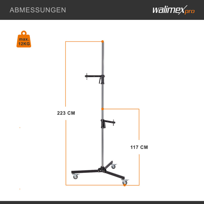 Cavalletto fotografico a rotelle 223 cm max 12 kg, Stativo per luci con due morsetti regolabili e spigot 5/8" per apparecchiature fotografiche