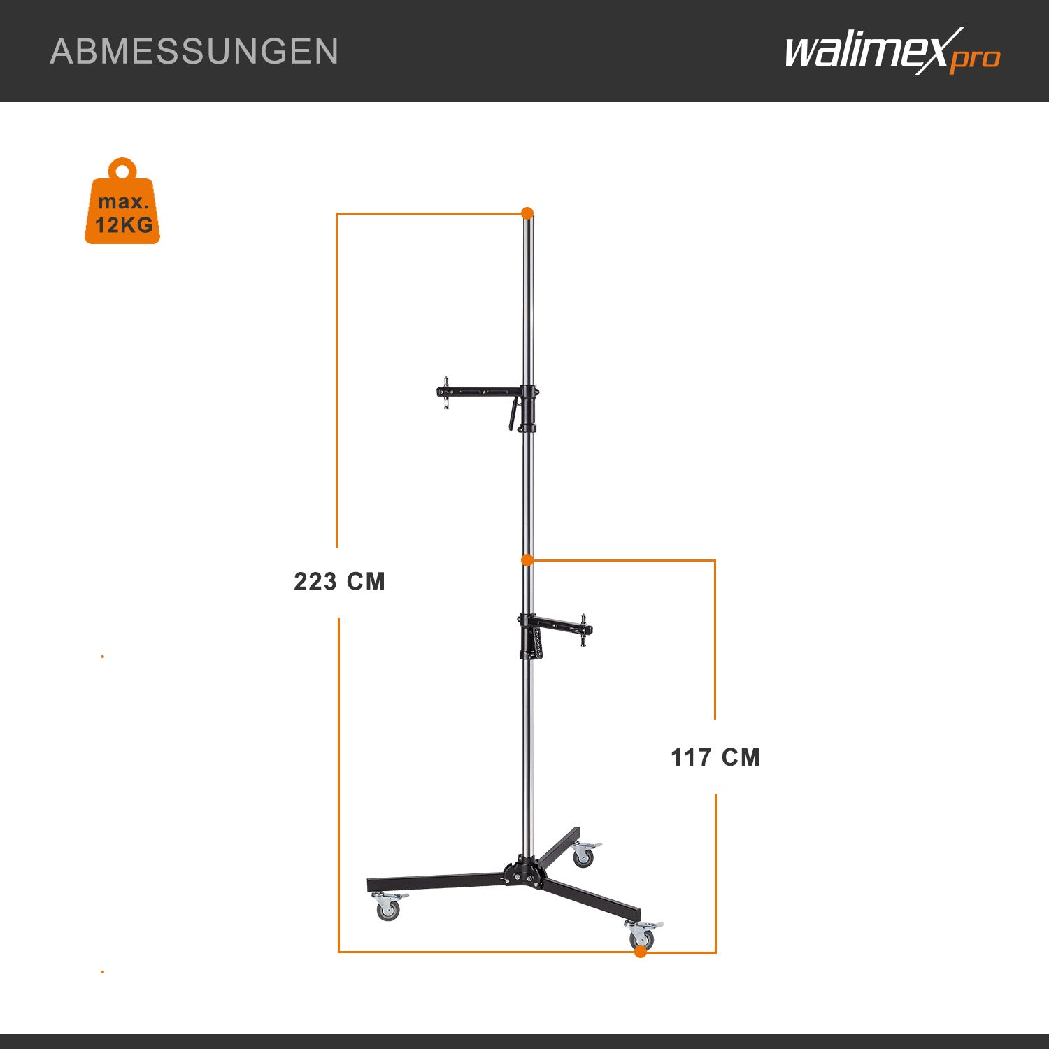 Cavalletto fotografico a rotelle 223 cm max 12 kg, Stativo per luci con due morsetti regolabili e spigot 5/8" per apparecchiature fotografiche