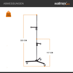 Cavalletto fotografico a rotelle 223 cm max 12 kg, Stativo per luci con due morsetti regolabili e spigot 5/8" per apparecchiature fotografiche