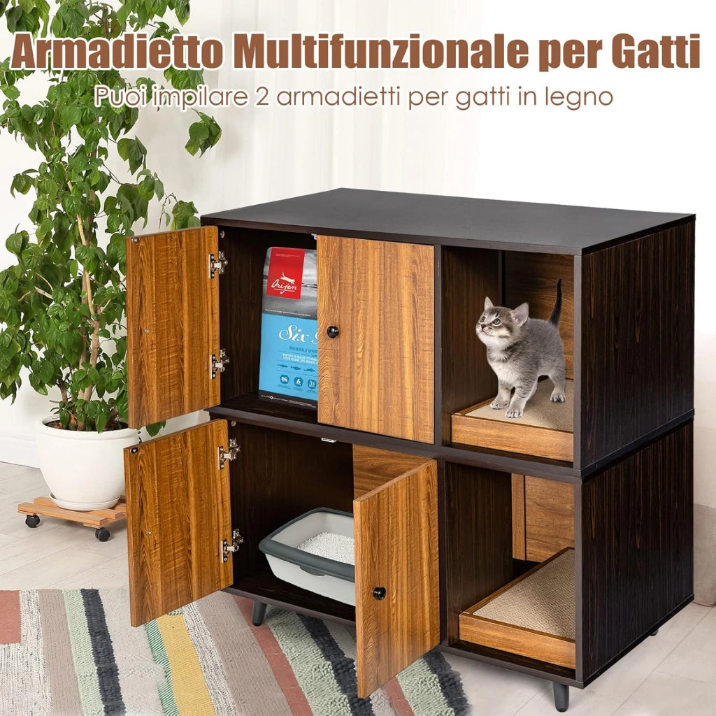 Mobile per Lettiera per Gatti 90 x 50 x 50 cm, Cassetta Igienica per Gatti con Doppia Anta, Divisore, Ingresso Avvolgibile, Tiragraffi e Gambe di Metallo Solido (Marrone)