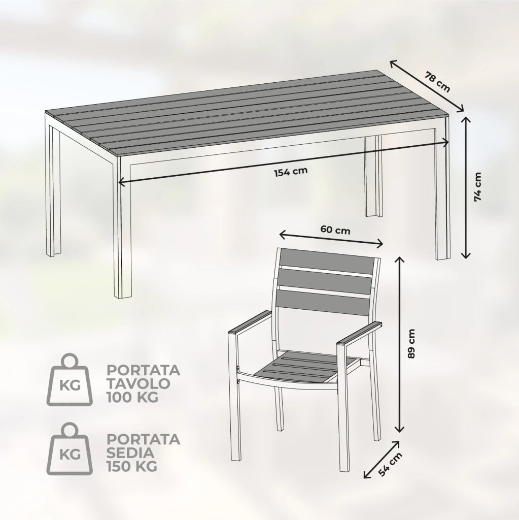 Set Tavolo da Giardino con 6 Sedie in Acciaio e Piano HDPE Effetto Teak, Tavolo Esterno Rettangolare Moderno Resistente alle Intemperie, Arredo Outdoor Terrazzo Balcone Grigioscuro