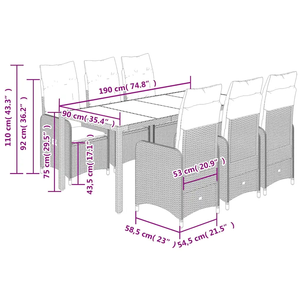 Set BistrÃ² da Giardino 7 pz con Cuscini in Polyrattan Grigio