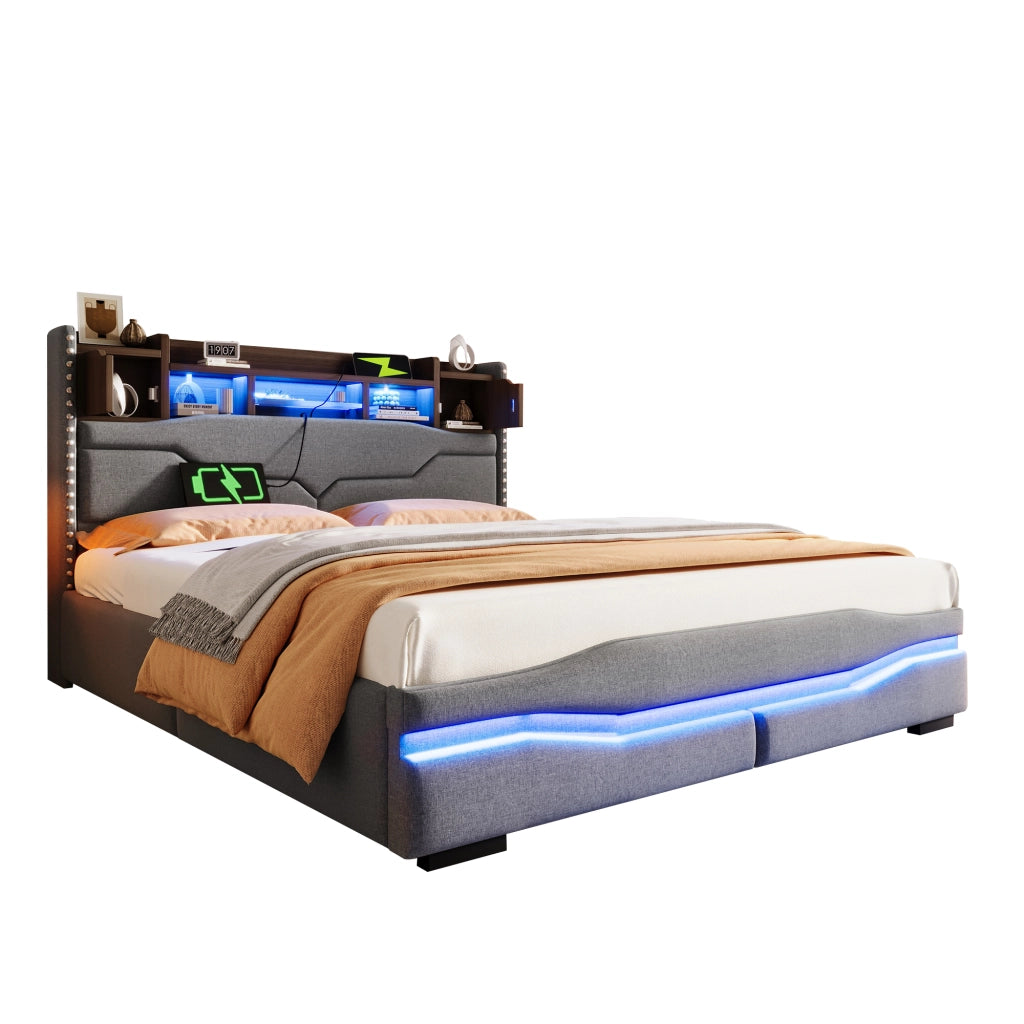 Letto Contenitore 160x200 cm con vano idraulico; USB; Type-C e LED; in Lino Grigio