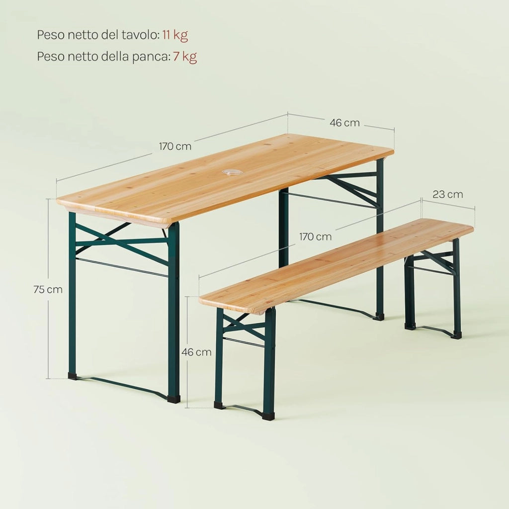 Set Birreria 3 Pezzi con Tavolo e 2 Panche Pieghevoli, Set Giardino Esterno con Anelli per Ombrellone, Resistente alle Intemperie e Facile da Pulire, per Campeggio, Terrazza, in Legno Naturale