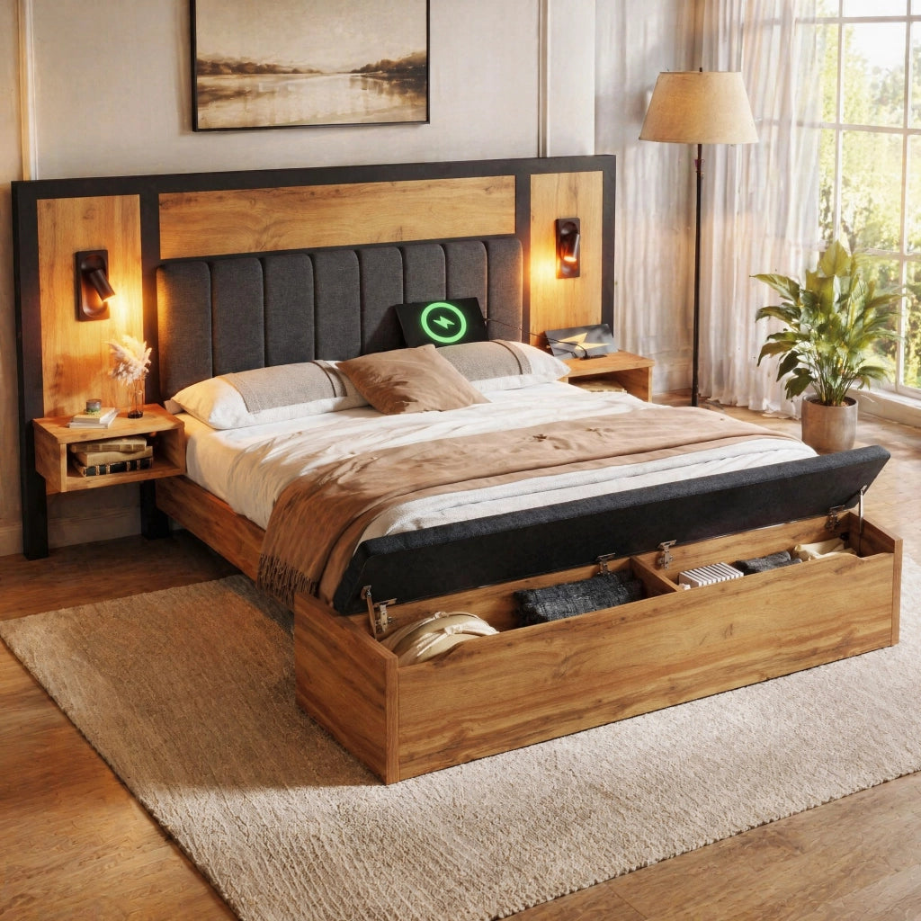 LETTO matrimoniale 160x200 cm con comodini, luci lettura e panca contenitore rovere
