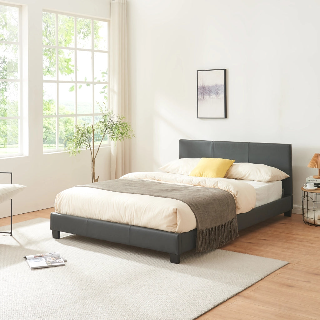Letto Francese a Testiera Alta 140x200 cm Rivestimento in Similpelle Grigio Scuro Corium