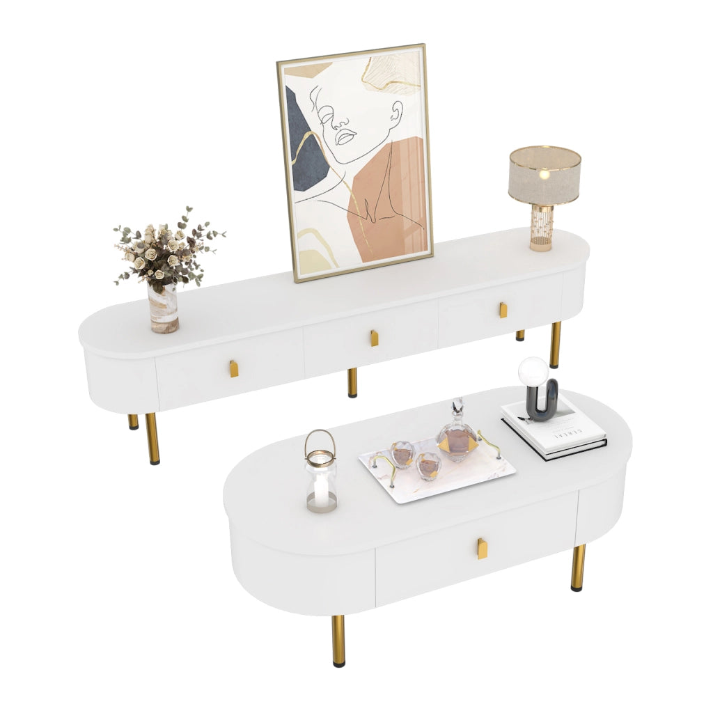 Combinazione tavolino da caffè e mobile TV con cassetti; in MDF bianco e oro