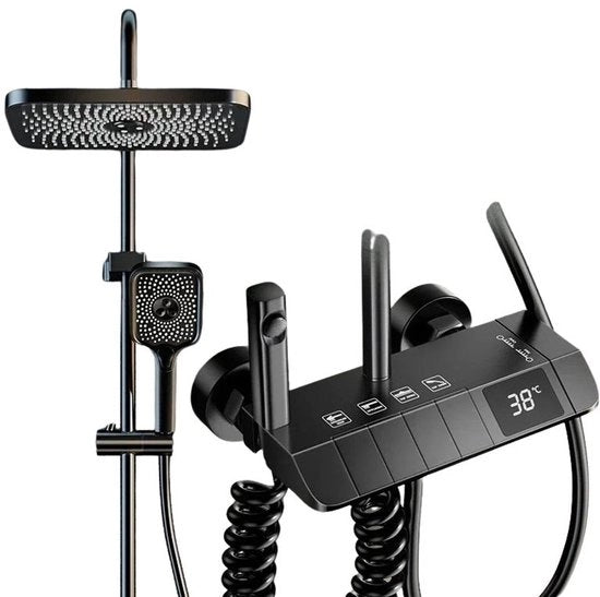 Impianto di Doccia con Termostato - Set di Doccia - Capocchia di Doccia - Maniglione di Doccia - Kit di Doccia e Rubinetto per Bagno - Display Digitale - Termostato di Doccia - 4 Funzionalità - Fuga di Alta Pressione - Rubinetti in Ottone - Nero