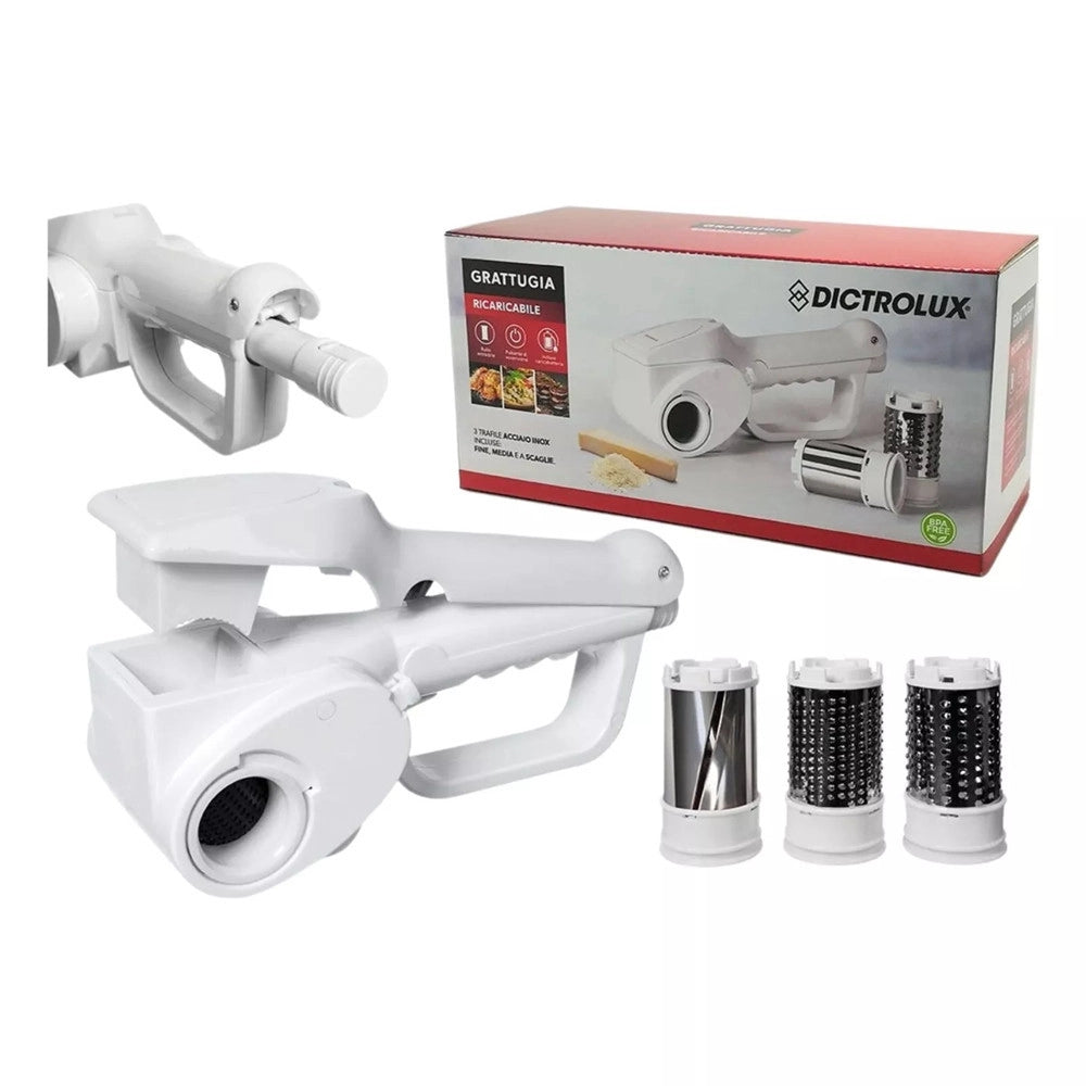 Trade Shop - Grattugia Elettrica Da Tavola 3,6v 3 Trafile Rullo Estraibile In Acciaio Ricaricabile -
