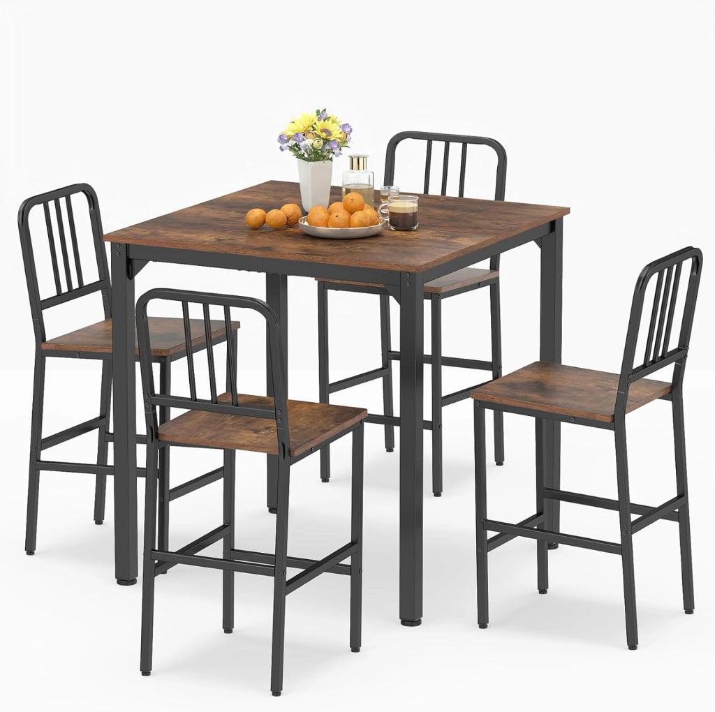 Set da Pranzo per 4 Persone, Set Cucina Bar 5 Pezzi con Superficie in Finto Marmo, Tavolo Quadrato in Legno e 4 Sgabelli Alti per Angolo Colazione e Sala da Pranzo (Caffè)