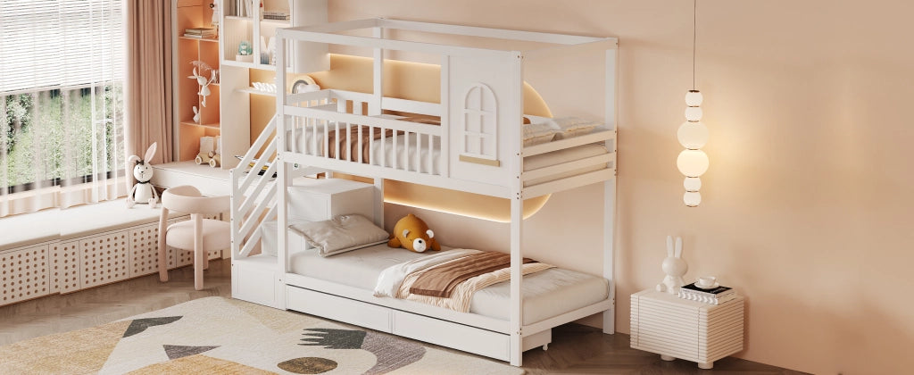 Letto a castello funzionale in legno bianco 90x200 cm