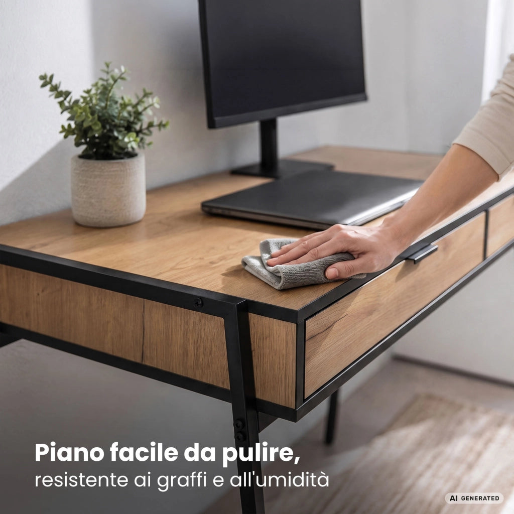 Scrivania industriale per computer Rovere Craft ZENTIA 100 cm 2 cassetti gambe nere