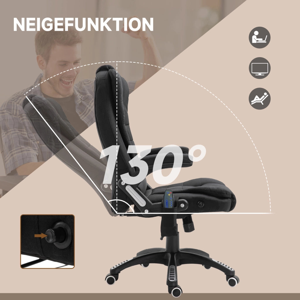 Poltrona da ufficio massaggiante con riscaldamento, funzione relax e basculante ¨C Zephmum ¨C Altezza regolabile, nero, tela