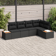 Set di divani da giardino 5 pezzi con cuscini neri in polyrattan e acacia
