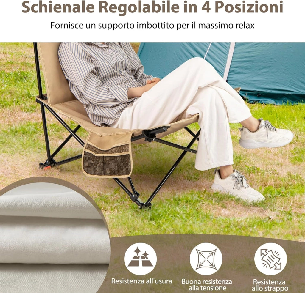 Sedia da Campeggio Pieghevole, Lounge Recliner Portatile con Schienale Regolabile, Sedile Imbottito con Borsa da Trasporto, per Esterno Giardino Cmapeegio, Portata 225 kg