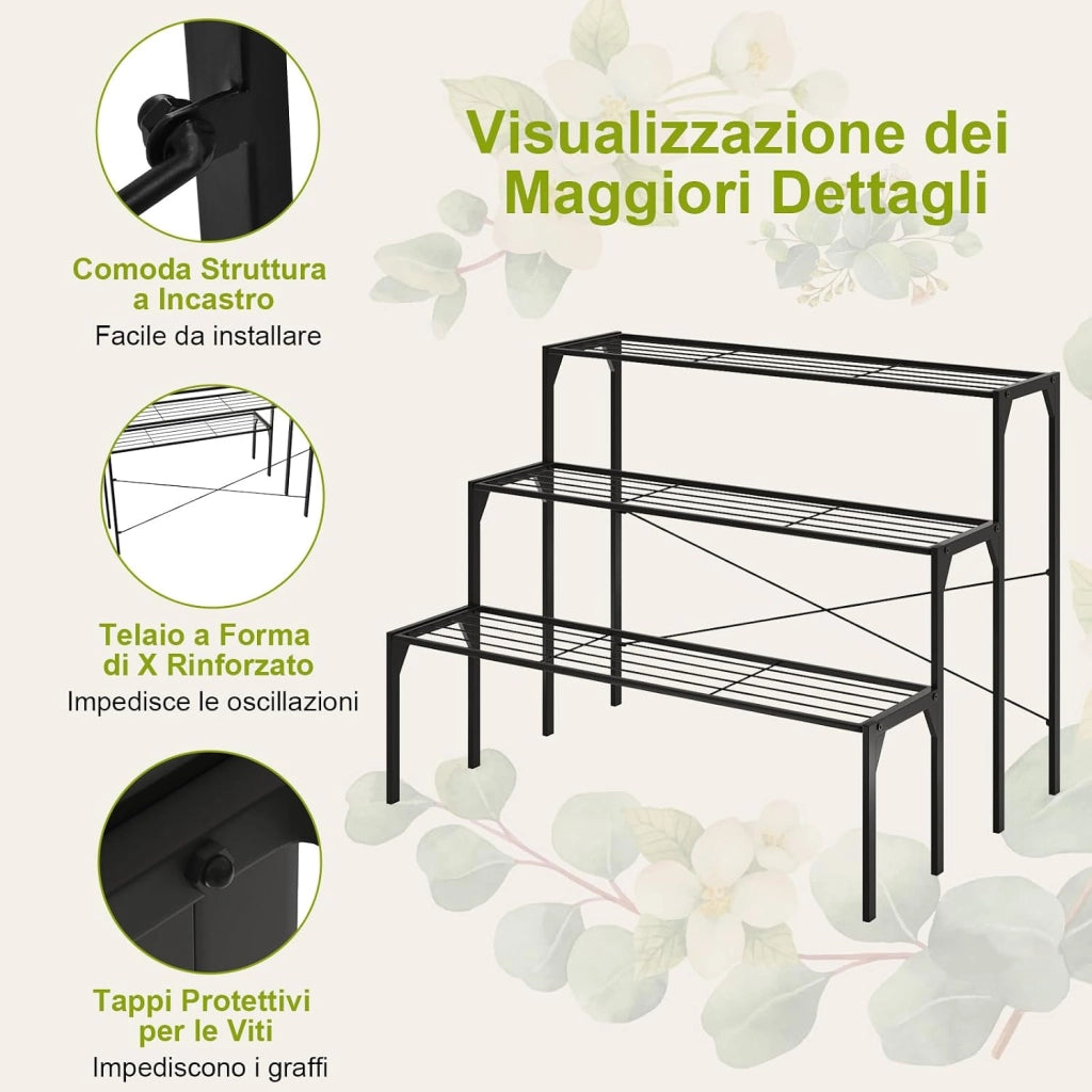 Scaffale Portafiori a 3 Ripiani, Porta Piante da Esterno e Interno a Scala, Scaffale Porta Vasi di Metallo per Balcone, Soggiorno e Giardino