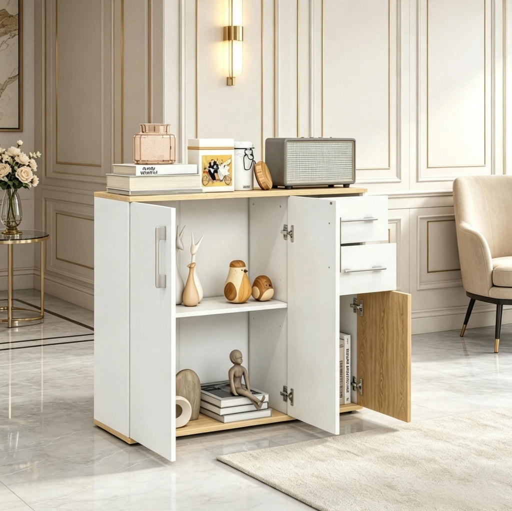 Credenza moderna 90 cm bianca e naturale con 2 cassetti