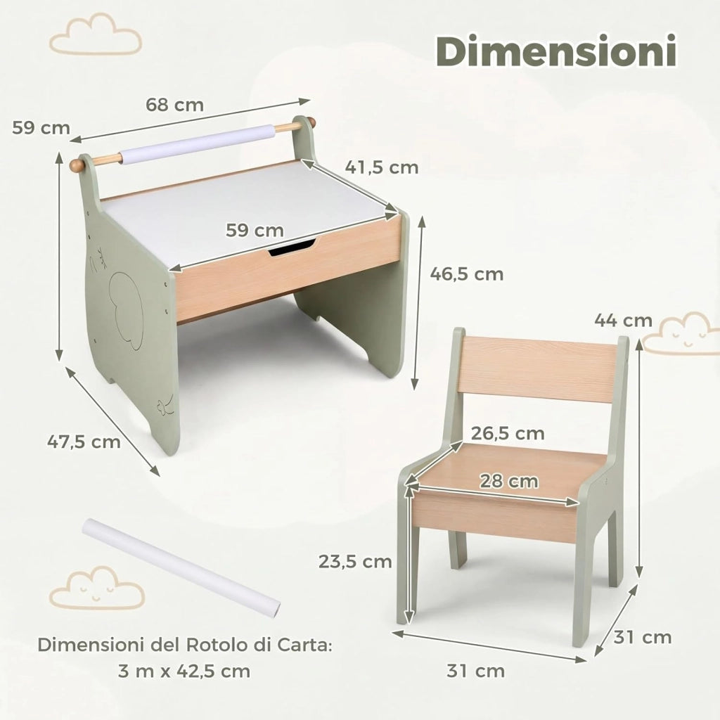 Set Tavolo e Sedia per Bambini 4 in 1, Set con Scrivania e Sedia in Legno per Bambini con Lavagna Reversibile, Rotolo di Carta e Contenitore Nascosto per Aula e Cameretta (Verde)