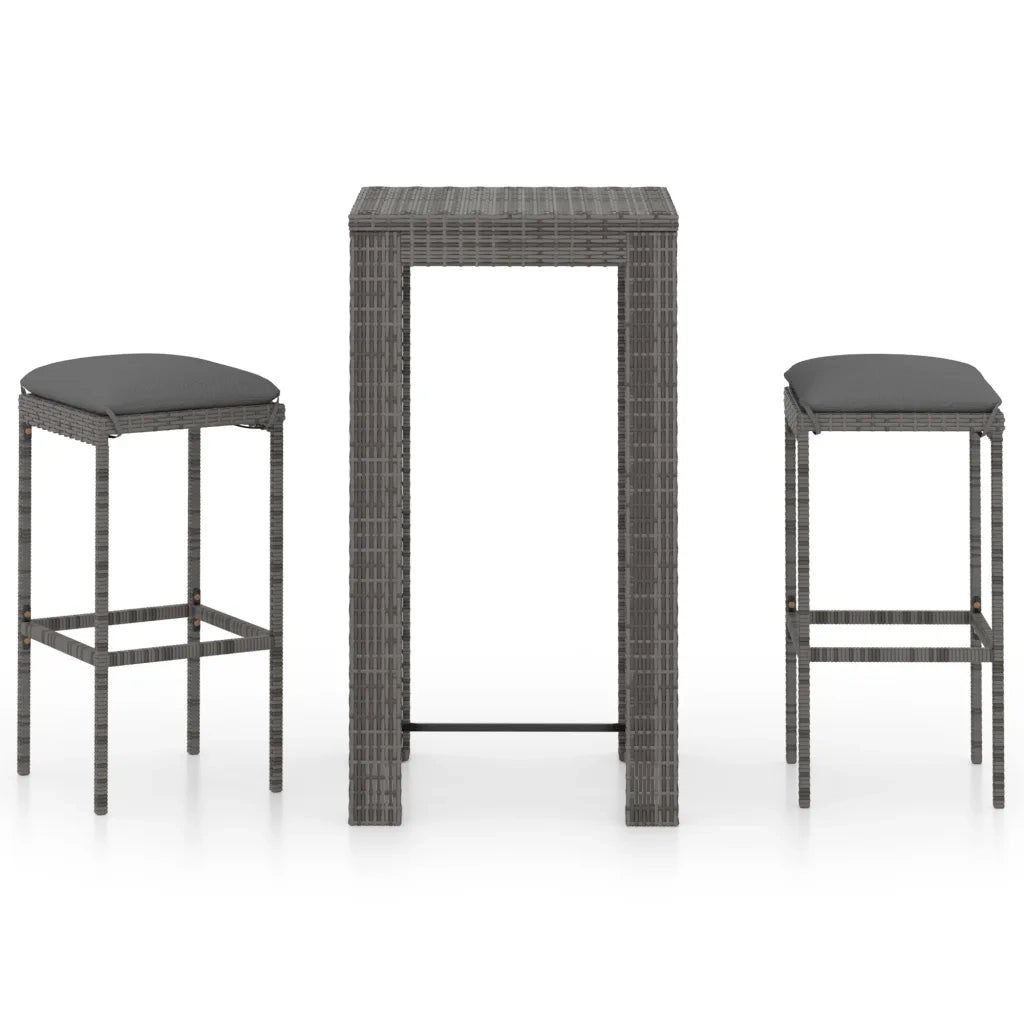 Set Bar da Giardino 3 pz con Cuscini in Polyrattan Grigio